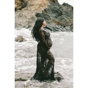 Vintage Black Lace Gown Maxi Dress • M